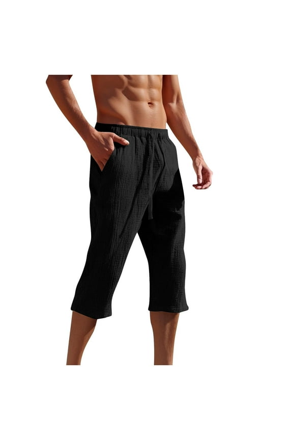Casual Pants for Men,Solid Color Summer 3/4 Length Pants Elastic Waist Drawstring with Pockets Comfortable Long Pants