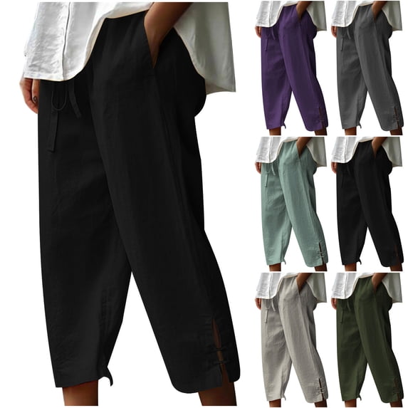 Hrsba Casual Pants for Women,Solid Color Elastic Waist Soft Linen Pants with Pocket Cropped Length Summer Loose Breathable Trousers,S