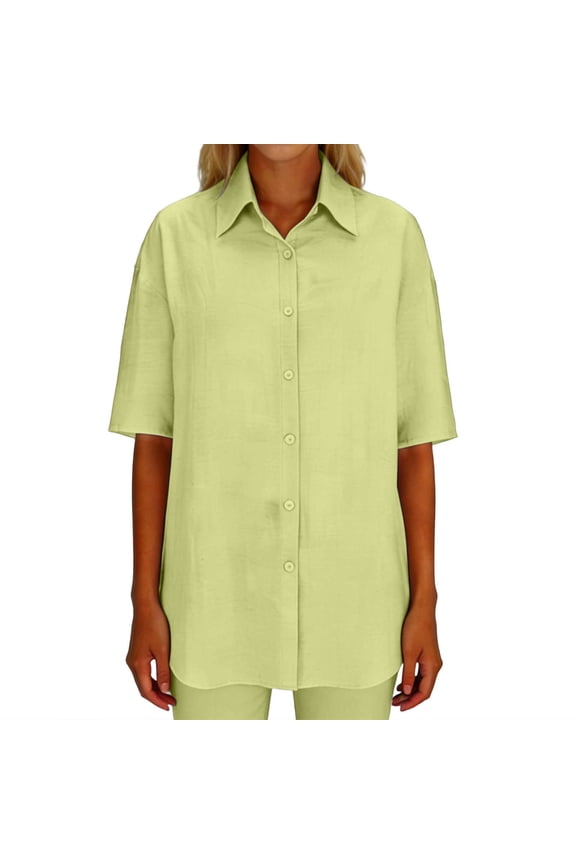 Casual Tops for Women Solid Color Slub Linen Blend Hidden Placket Button Lapel Short Sleeve Shirt
