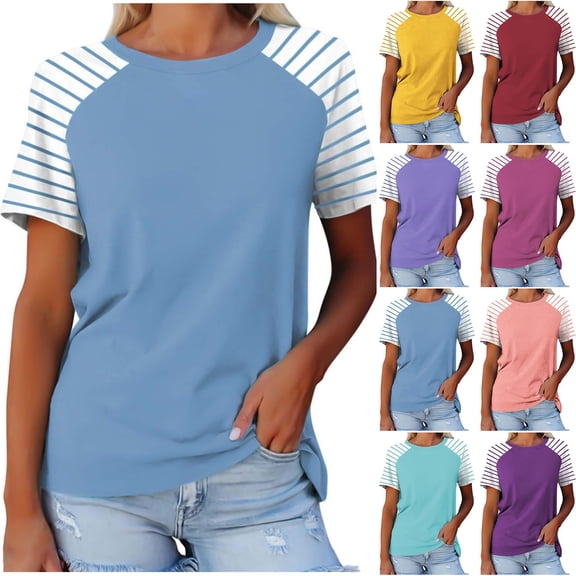 Hrsba Casual Shirts for Women, Stripe Print Crew Neck Short Sleeve Casual Tee Summer Daily Wear Ladies Blouse