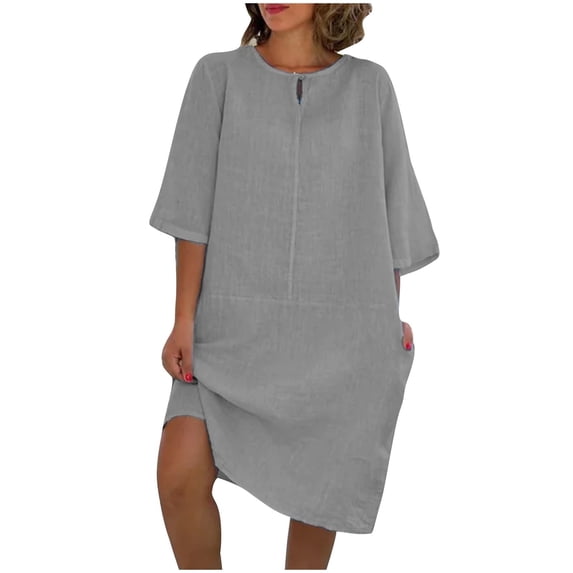 Hrsba Casual Summer Dresses for Women,Hrsba Linen Like Solid Color Crew Neck Short Sleeve Dress Summer Relaxed Daily Wear