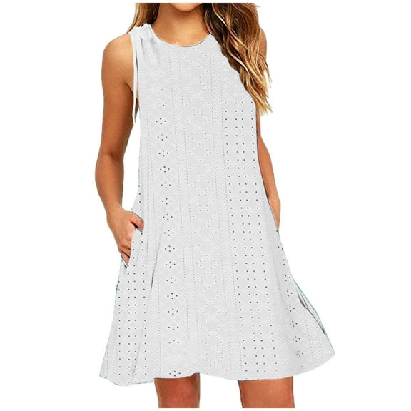 Hrsba Casual Summer Dresses for Women,Ladies Crew Neck Solid Color Sleeveless Dress with Pockets Relaxed Summer Daily Outfits