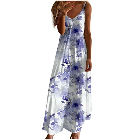 Hrsba Casual Summer Dresses for Women,Sleeveless Print V Neck Spaghetti Strap Dress for Daily Wear