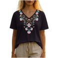 thumbnail image 1 of Hrsba Casual Tops for Women V Neck Short Sleeve Tee with Vintage Print Lightweight Soft Fabric Fashion Style Comfortable for Daily Summer Wear, 1 of 5