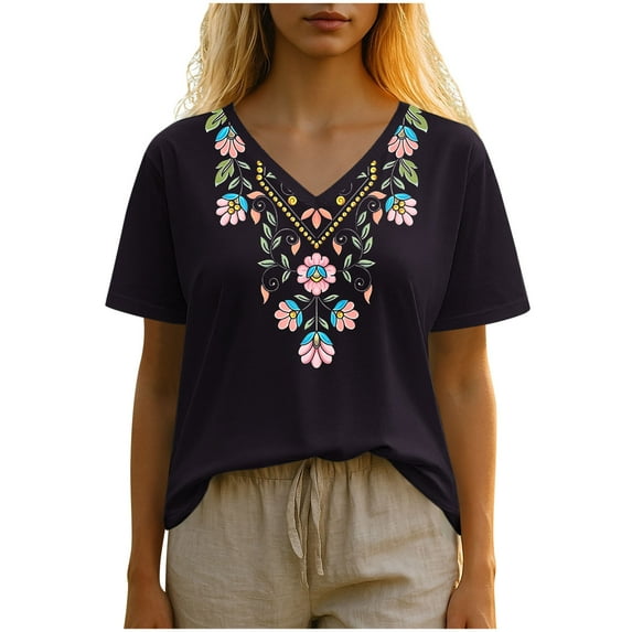 Hrsba Casual Tops for Women V Neck Short Sleeve Tee with Vintage Print Lightweight Soft Fabric Fashion Style Comfortable for Daily Summer Wear