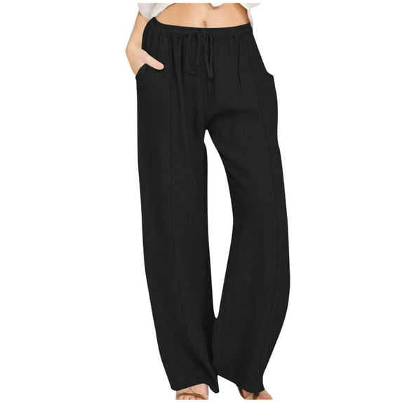 Hrsba High Waisted Pants for Women,High Waisted Pants for Women Solid Color Linen Elastic Waist Back Pockets Tie Belt Straight Leg Full Length Pants