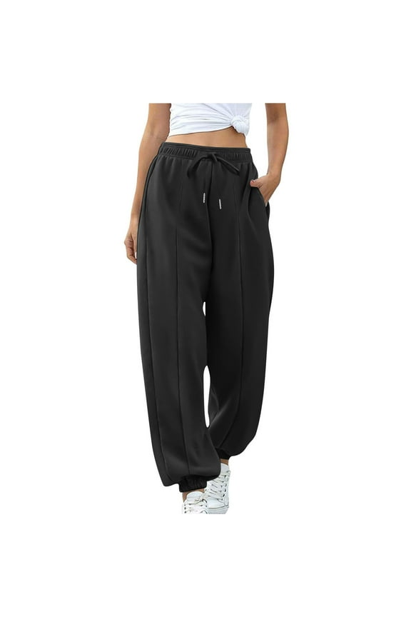 Straight Leg Workout Pants,High Waisted Pants for Women Solid Color Loose Sweatpants Cuffed Ankle with Pockets for Casual Athletic Wear Full Length Pants