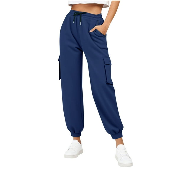Hrsba Straight Leg Workout Pants,Pants for Women Solid Color Sweatpants Cuffed Ankle Elastic Tie Waist Zipper Pockets Casual Full Length Pants