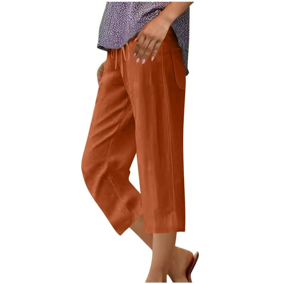 Hrsba Casual Womens Pants,Women Short Pants Solid Color 7/8 Length Pants With Pockets Drawstring Elastic Waist Linen Like Casual Trousers,Size L