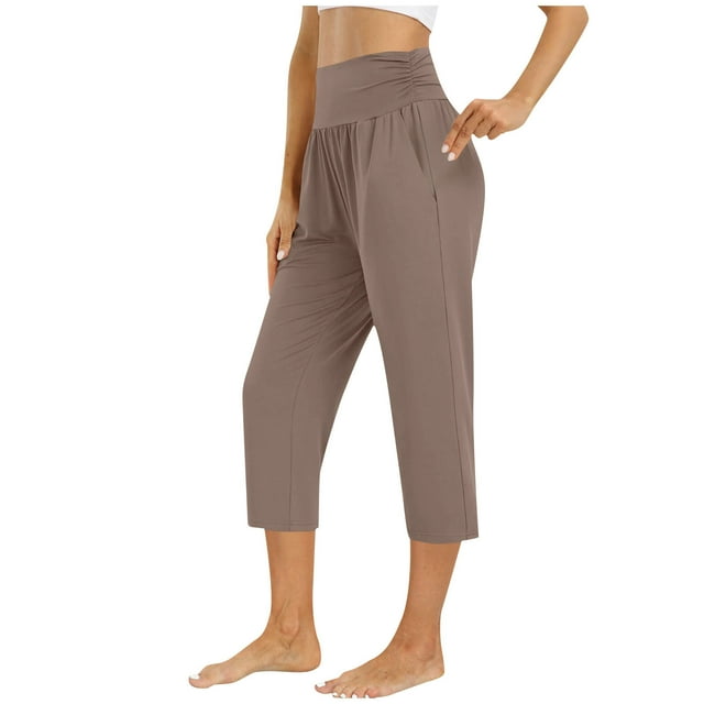 Hrsba Casual Womens Pants,Womens Pants Casual Solid Color 7/8 Length Pants with Pockets Ruched Detail Elastic Waist Athletic Pants for Home and Sports,Size L