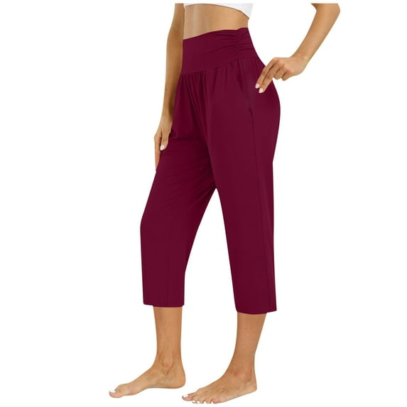Hrsba Casual Womens Pants,Womens Pants Casual Solid Color 7/8 Length Pants with Pockets Ruched Detail Elastic Waist Athletic Pants for Home and Sports,Size S