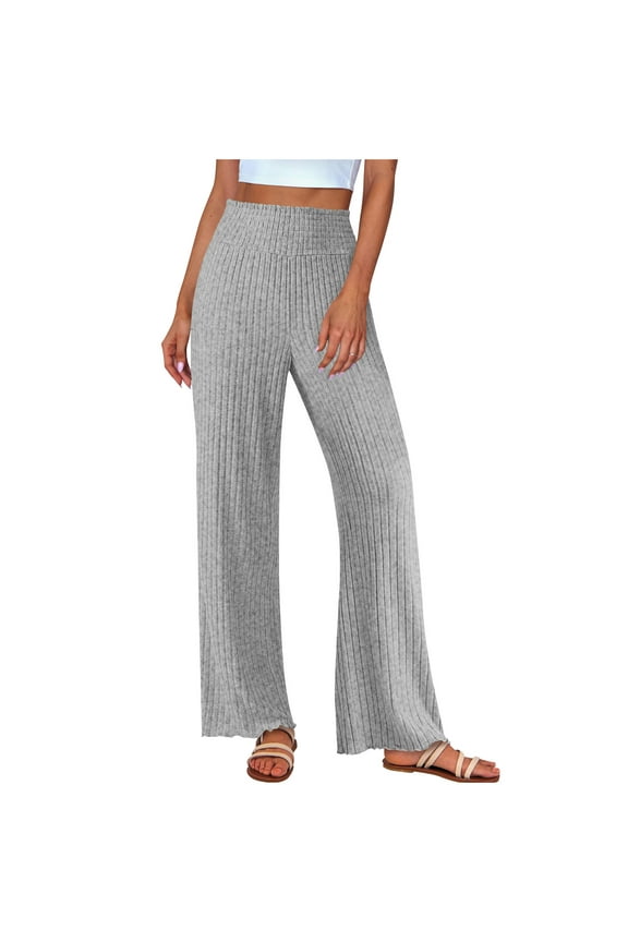 Casual Womens Pants,Womens Pants Casual Solid Color Sleep Pants Wide Leg Elastic Waist Rib Knit Loose Comfortable Full Length Trousers,Size L