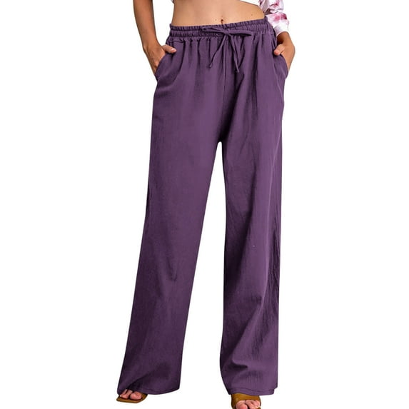 Hrsba Straight Leg Workout Pants,Womens Wide Leg Pants Solid Color Linen Loose Drawstring with Pockets Back Pockets Casual Full Length Pants