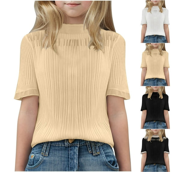 Hrsba Children T Shirt Solid Color Short Sleeve Ruffled Crew Neck Summer Casual Gentle Feel Light Feel for 6 15 Years Girls