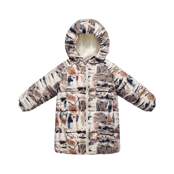 Hrsba Fall Jacket for Girls Kids Printed Long Sleeved Hooded Thickened Mid Length Warm Outerwear with Pockets for 2 to 10 Years Old Casual Jackets