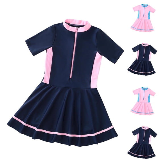 Hrsba Color Mix Girls Swimsuit Crew Neck Short Sleeve Ruffle Skirt Swimwear