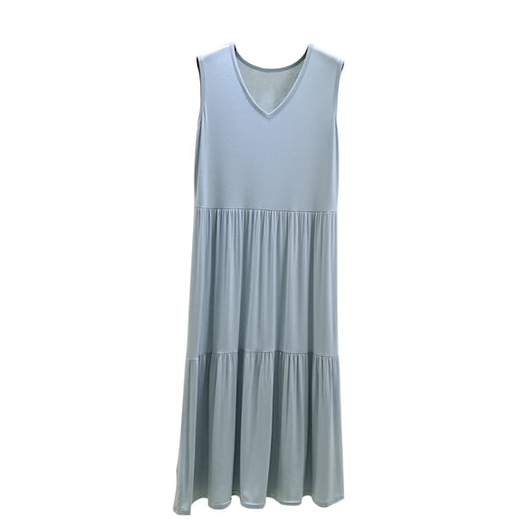 Hrsba Plus Size Cozy Loungewear Solid Color Pleated Rayon Sleep Dress Sleeveless Loose Long Style Comfortable Soft Lightweight Summer Home Pajama