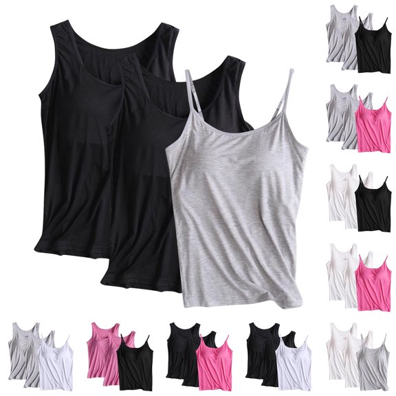Hrsba 3PC Crew Neck Camisole Tops for Women Solid Color Soft Fiber Padded Spaghetti Strap Wireless Loungewear Layering Undershirts