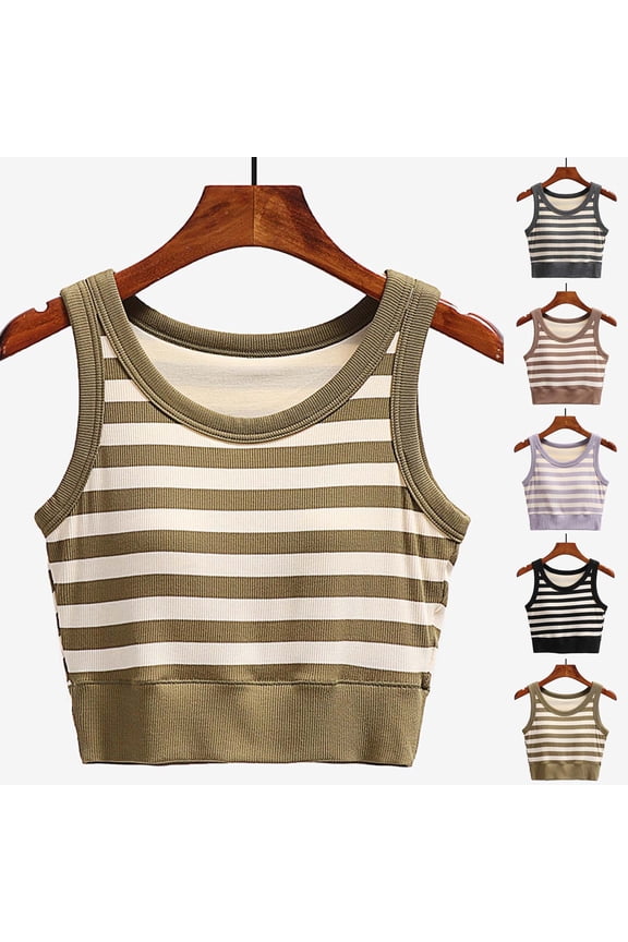 Striped Cropped Padded Tank Top Womens Crewneck Spaghetti Strap Soft Stretchy Breathable Lightweight Trendy Summer Casual Fitted Cami Top