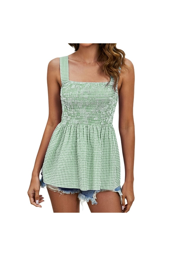 Crew Neck Camisoles for Women Solid Color Plaid Crewneck Sleeveless Spaghetti Strap Casual Print Tank Tops