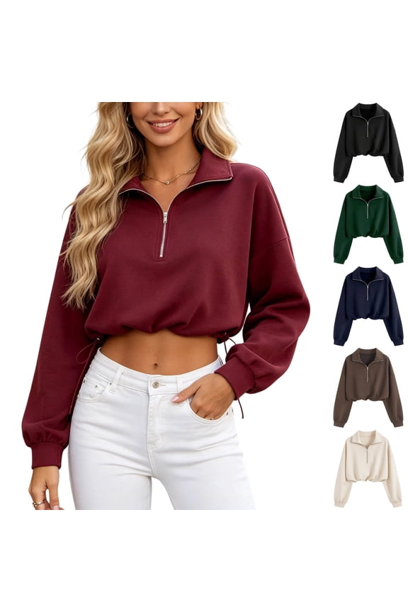 Crewneck Sweatshirt Women Solid Color Half Zip Collar Cropped Waist Drawstring Hem Long Sleeve Pullover Sweatshirt