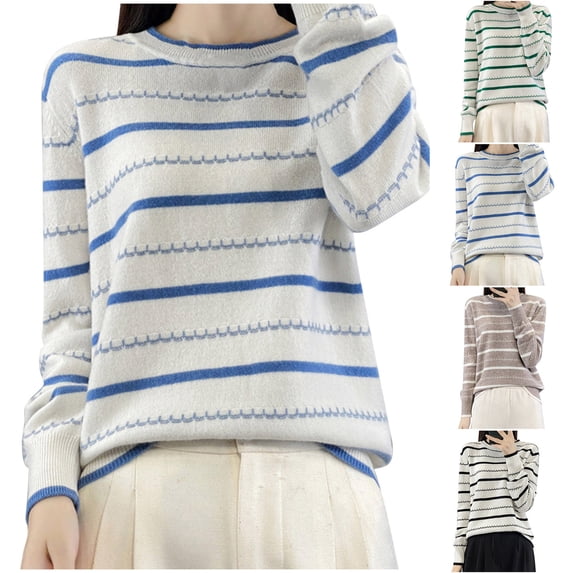 Hrsba Crewneck Sweatshirt Women Stripe Long Sleeve Knit Pullover Sweater
