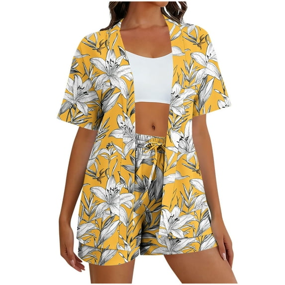 Hrsba Cute 2 Piece Outfits for Women,Hawaiian Print Loose Casual Cardigan with Shorts Short Sleeve Top Pants Pocket Summer Set