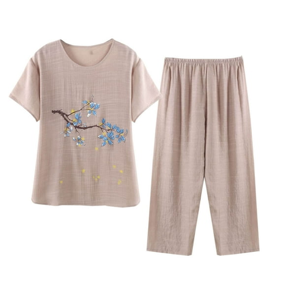 Hrsba Cute 2 Piece Outfits for Women,Print Crew Neck Short Sleeve Top Pants Lightweight Casual Loungewear Suitable for Outdoor Wear
