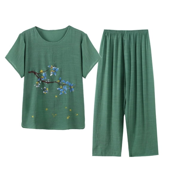 Hrsba Cute 2 Piece Outfits for Women,Print Crew Neck Short Sleeve Top Pants Lightweight Casual Loungewear Suitable for Outdoor Wear