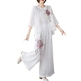 thumbnail image 1 of Hrsba Cute 2 Piece Outfits for Women,Vintage Embroidered Pullover Shirt with Lightweight Wide Leg Pants Summer Set, 1 of 2