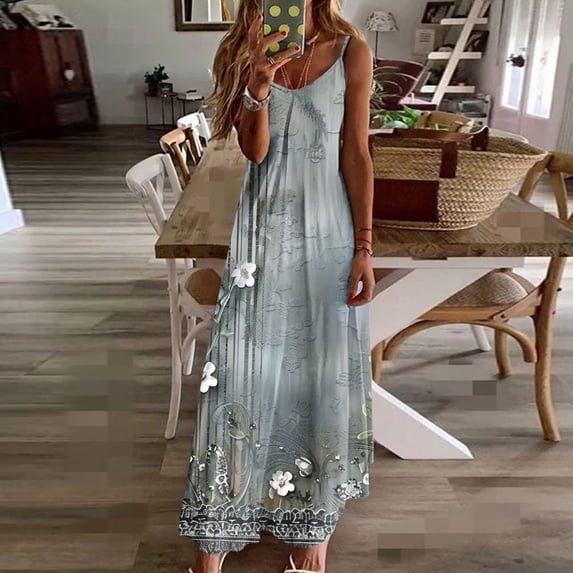 Hrsba Cute Dresses for Women,Hrsba Summer Casual Print Sleeveless V Neck Tank Dress Breathable Comfortable Daily Casual Wear
