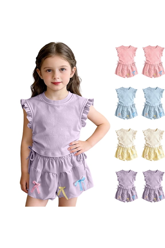Cute Girls Outfits Off Shoulder Ruffle Sleeveless Blouse Top Matches Elastic Waist Bloom Shorts Girls Casual Summer 2 Piece Set