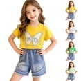 thumbnail image 1 of Hrsba Cute Little Girl Outfits Short Sleeve Crew Neck Tee And Elastic Waist Pearl Decor Denim Shorts Two Piece Set, 1 of 6