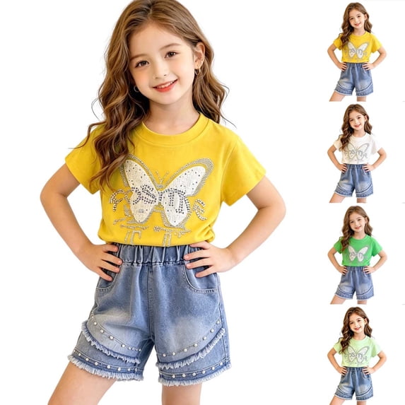 Hrsba Cute Little Girl Outfits Short Sleeve Crew Neck Tee And Elastic Waist Pearl Decor Denim Shorts Two Piece Set