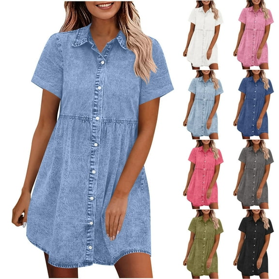 Hrsba Solid Color Short Sleeve Turn Down Collar Denim Casual Dress for Women Stylish Soft Summer Daily Outfits Dresses