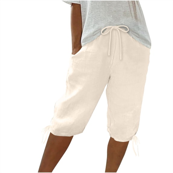 Hrsba Drawstring Cuffs Linen Long Shorts for Women Solid Color Elastic Waist Soft Breathable Lightweight Summer Casual Daily Home Wear Bottoms