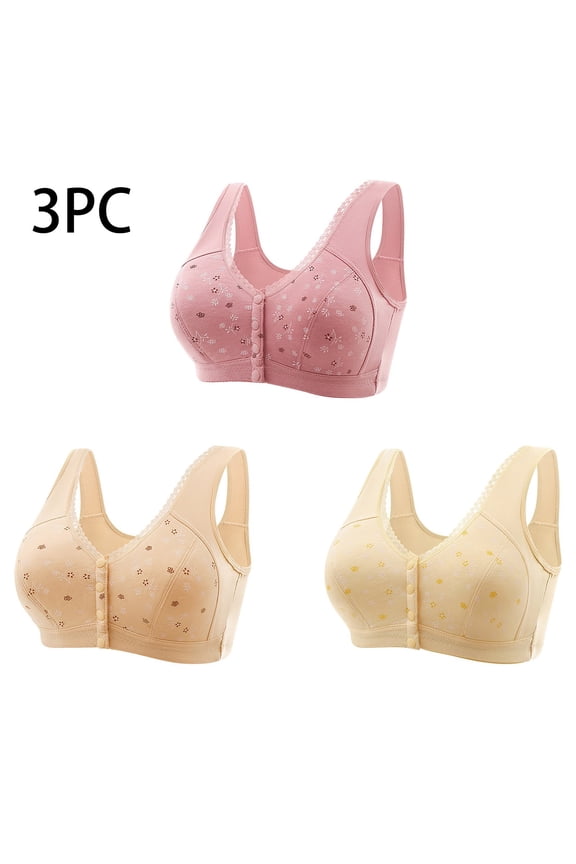 Everyday Bras,3 Pack Womens Plus Size Wireless Tank Style Bras Stylish Front Closure Soft Fabric Print Supportive Bras for Ladies