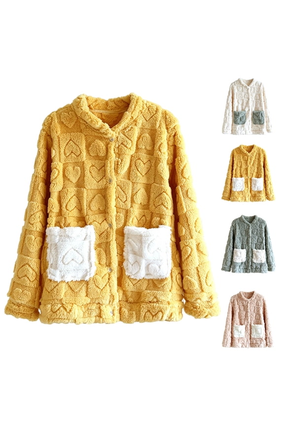 Flannel Bed Jacket for Women Heart Print Button Front Wearable Outside Long Sleeve Pj Tops