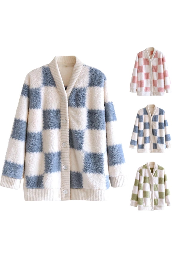 Flannel Bed Jacket for Women Plaid Print V Neck Button Pockets Long Sleeve Daily Pj Tops