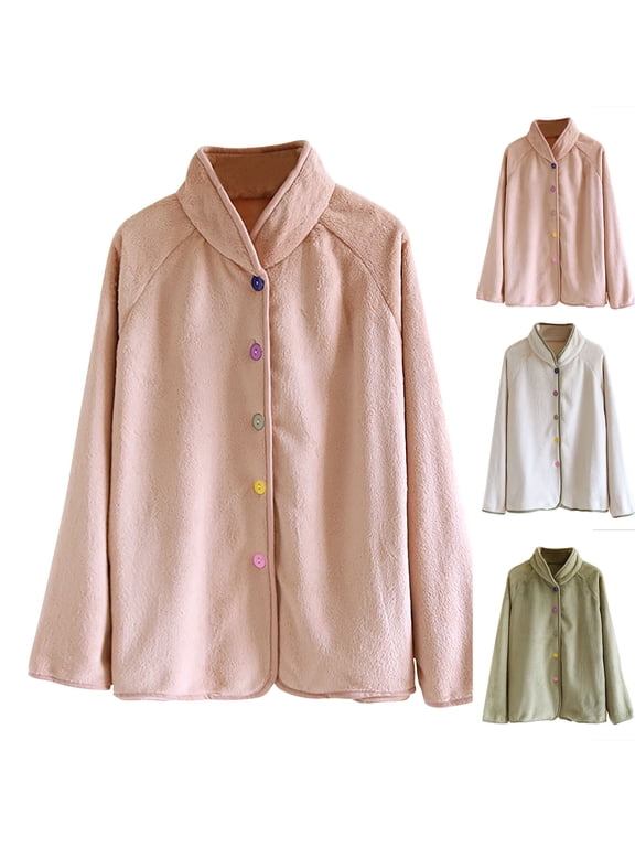 Flannel Bed Jacket for Women Solid Color Thick Warm Minimal Daily Long Sleeve Pj Tops