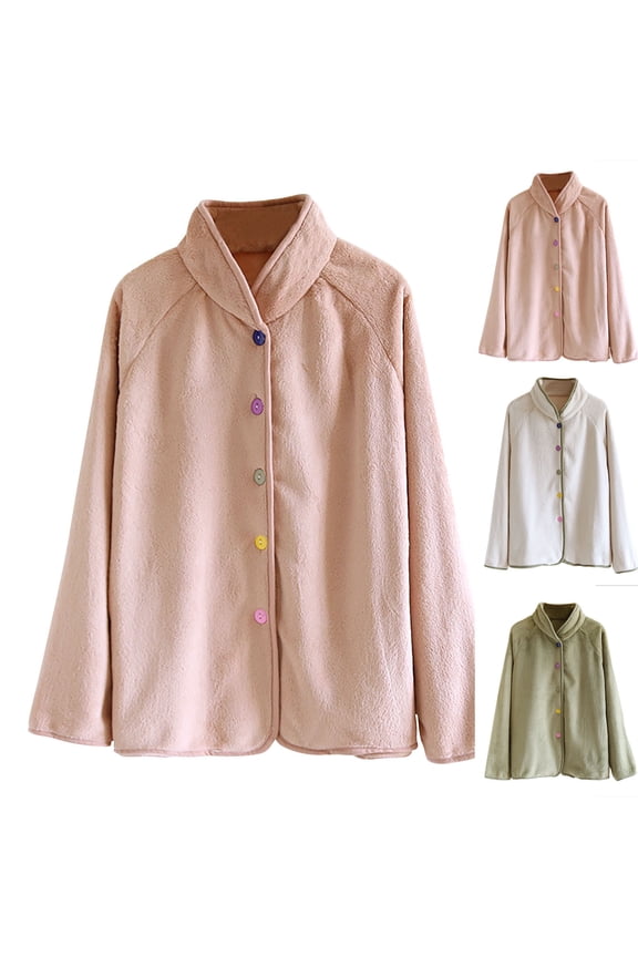 Flannel Bed Jacket for Women Solid Color Thick Warm Minimal Daily Long Sleeve Pj Tops