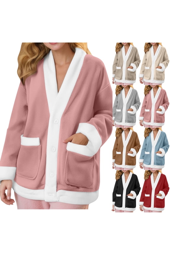 Flannel Bed Jacket for Women Solid Tone Thick Open Front Long Sleeve Soft Pj Tops