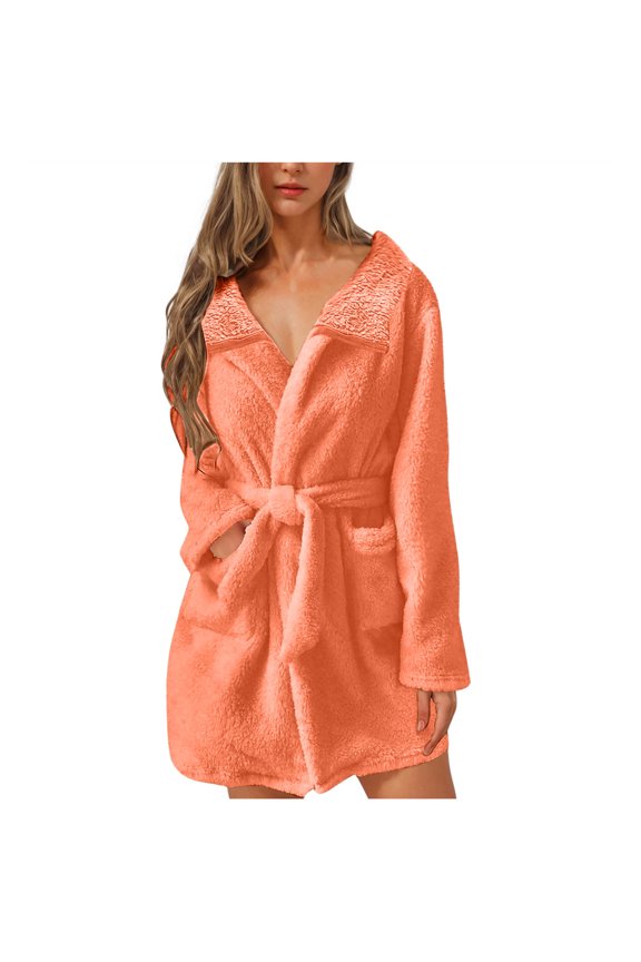 Fleece Robe for women,Solid Color Reversible Fleece Lapel Long Sleeve Cardigan Robe with Pockets Belt Wearable Outside Robe