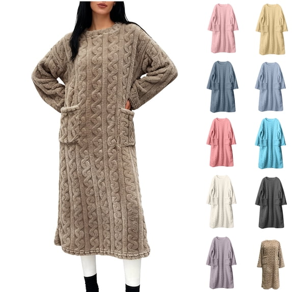 Hrsba Fuzzy Womens Robe Solid Color Extended Cut Dual Storage Pockets Hood Free Long Robe