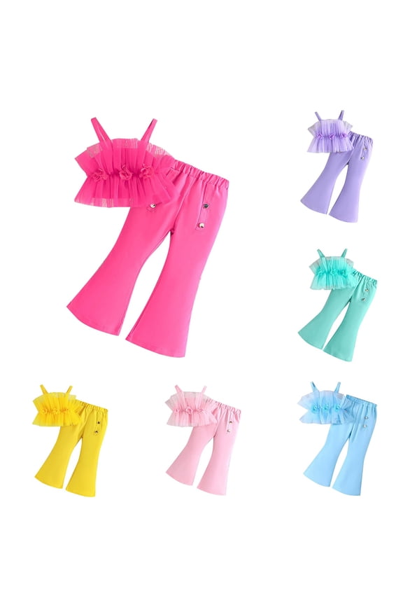 Girls 2 Piece Outfits Mesh Sleeveless Cami Stylish Flared Long Pants 2 Piece Set Cute Summer Outfit for Girls