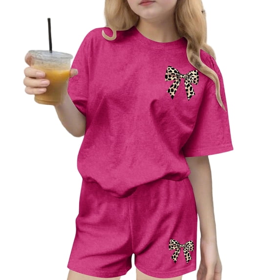 Hrsba Girls 2 Piece Outfits Print Crew Neck Short Sleeve T Shirt Shorts Casual Versatile Active Wear Matching Set for Girls Summer Daily Wear