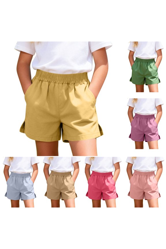 Girls And Boys Shorts Solid Color Linen Like Fabric Split Side Lightweight Casual Home Wear Comfy Summer Boys Shorts
