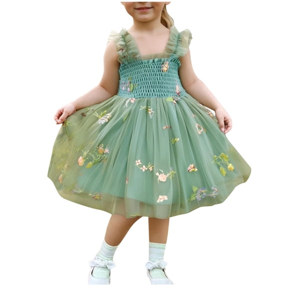 Hrsba Girls Cute Casual Dress Summer Solid Color Sleeveless Tank Dress Mesh Embroidered Dress Round Neck Soft Fabric for Summer Daily Wear Girls Beach Dress