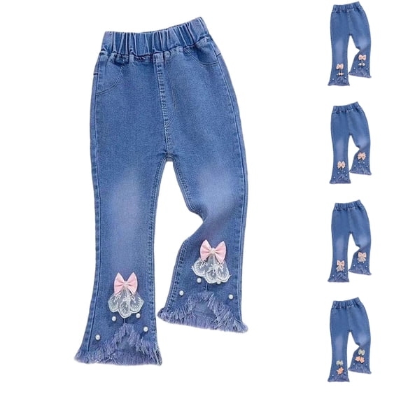 Hrsba Girls Jeans Bead Stretch Flare Pants Patch Elastic Waist Daily Bottoms