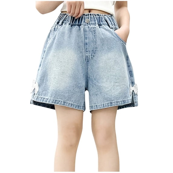 Hrsba Girls Denim Shorts Solid Color Lace Detail Lightweight Denim Fabric Casual Outdoor Wear Soft Comfy Summer Jean Shorts For Teens